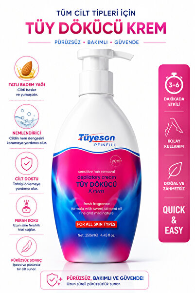 tüyeson Tüy Dökücü Krem 250 ml | Tatlı Badem Yağı İçeren Tüm Cilt Tiplerine U...
