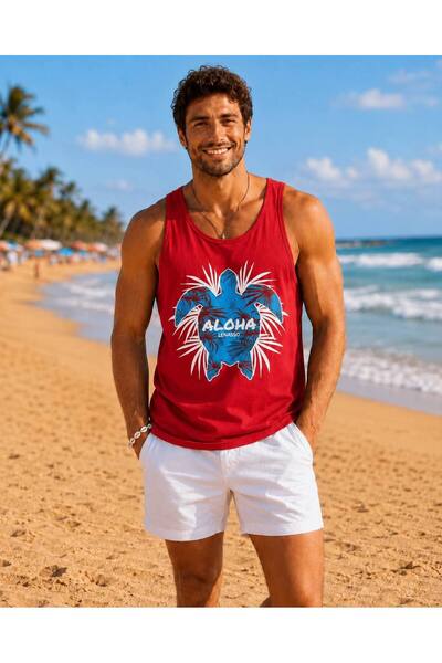 İLKCET MODA Men's Beach Themed Printed Oversize Tank Top