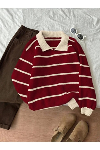 pepule Çizgili Polo Yaka Selanik Örgü Oversize Kadın Triko Kazak