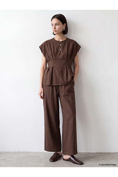 LC Waikiki Brown Wide Leg Women's Trousers with Elastic Waist