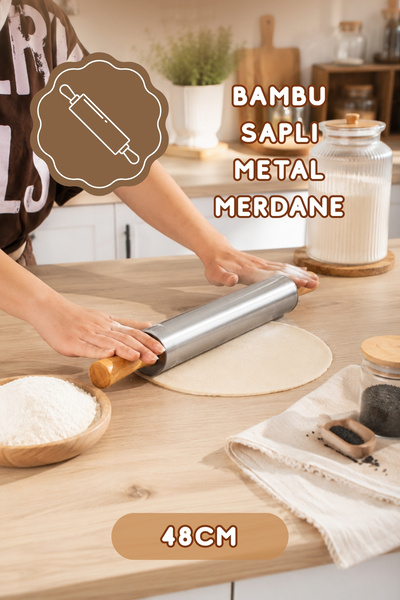Porsima Mnb05774 Ahşap Saplı Paslanmaz Çelik Merdane Oklava Hamur Pizza Börek...