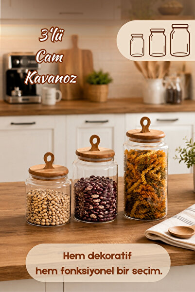 Porsima 4468 Handmade Vakum Kapaklı 3lü Cam Kavanoz Seti Vakum Kapaklı Saklam...