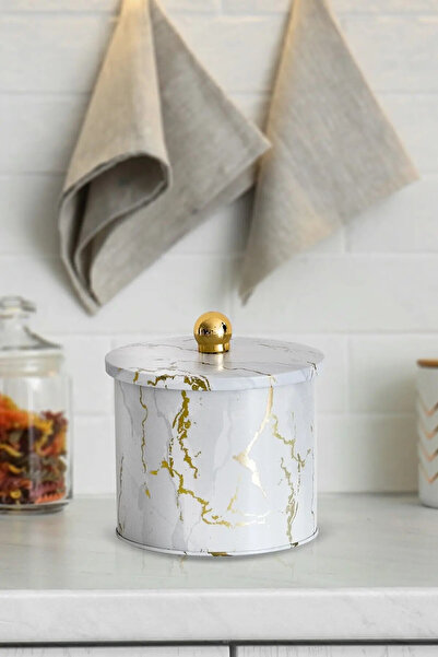 Evle Exclusive Marble White Patterned Metal Storage Container, 14 Cm, Jar, 50...
