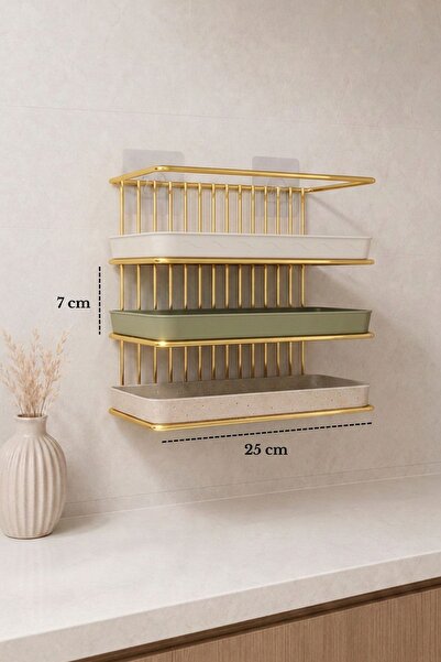 Edora Home Parlak Altın Metal Yapışkan Hediyeli 4 Katlı Tepsi ve Kesme Tahtas...