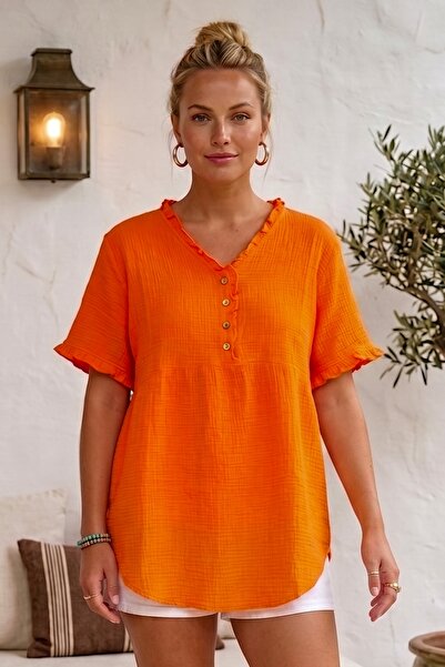 Chiccy Κοντομάνικη υφαντή μπλούζα μουσελίνας oversize με κουμπιά στο γιακά κα...