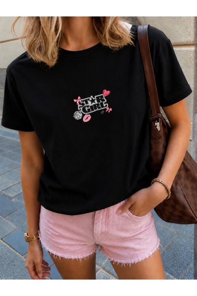 Star Girl Baskılı Basic Kadın Kısa Kollu Tişört