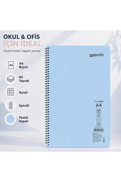 Mynote Flex Pastel A4 60 Yaprak 60 gr Spiralli Kareli Defter