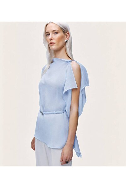 MAESTRO WOMAN Women's Baby Blue Asymmetrical Belted Lyocell Blouse