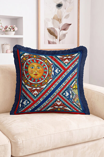 Realhomes Sun Face Figured Tile Motif Geometric Patterned Fringed Throw Pillo...