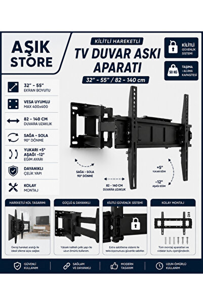 AŞIK STORE 32-55 İnç Kilitli Hareketli TV Duvar Askı Aparatı 50 Kg Taşıma Kap...