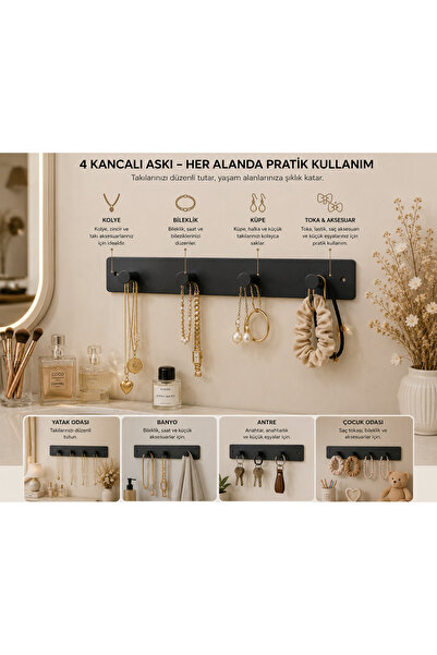 YDGR Çok amaçlı Metal Duvar Askılığı 4 Kancalı Banyo Mutfak Antre Askılığı