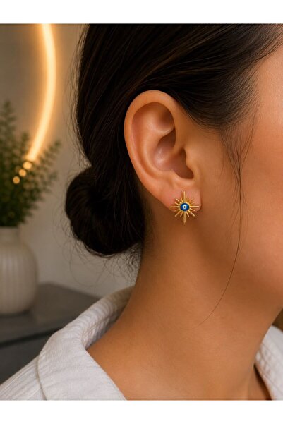 MARE BUTİK Sun Shaped Evil Eye Beaded Gold Earrings
