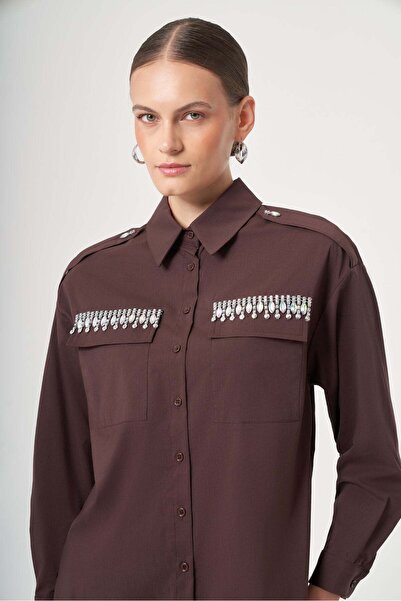 FTZ WOMEN Women's Stone Detail Shirt Brown 31438