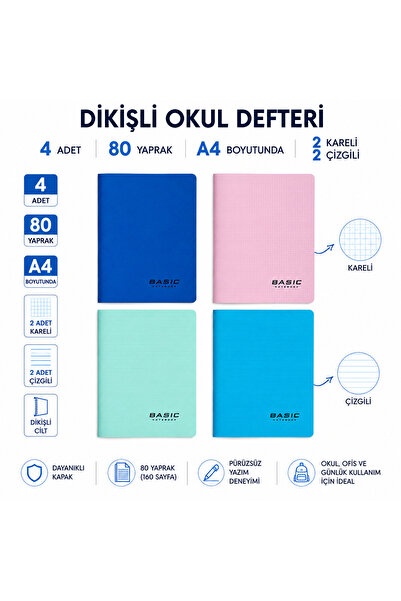 FLY COLOR 4'lü Dikişli Okul Defteri A4 80 Yaprak 2 Kareli 2 Çizgili