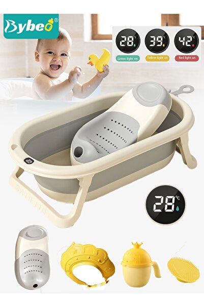 BYBEO 5 PCS Baby Bath Tub, Foldable Bathtub with Temperature Sensing + Baby B...