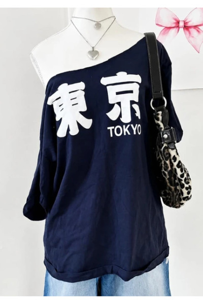 BALİNA Lacivert Tokyo Y2K Kısa Kollu Off Shoulder