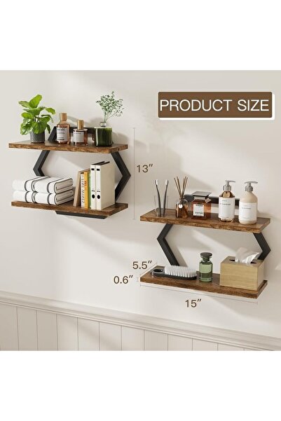 Paporich Hexagon Floating Shelves, Set of 2 Wall Shelves, 2-Tier Hanging Shel...