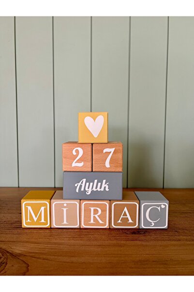 mogokids Sarı gri ahşap BEBEK ANI KÜPĞ VE HARFLİ İSİMLİ KÜP (5 harfli isim iç...