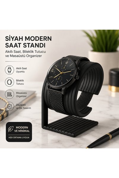 Src 3D Siyah Modern Masaüstü Saat Standı – Akıllı Saat, Kol Saati ve Bileklik Tutucu Organizer