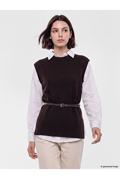 LC Waikiki Lcw Modest Brown Women's Knitwear Sweater with Belt