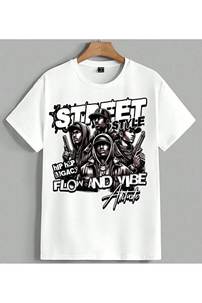 ELFERA Μπλουζάκι Street Style Hip Hop με στάμπα, Unisex, Oversize, Λευκό