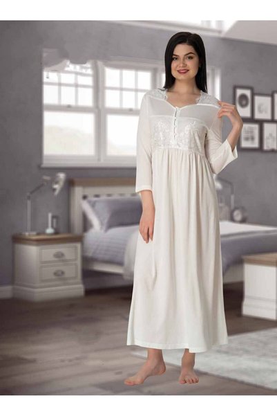 Effortt Dvina Lohusa Hamile Lace Detailed Long Sleeve Nightgown - Ecru