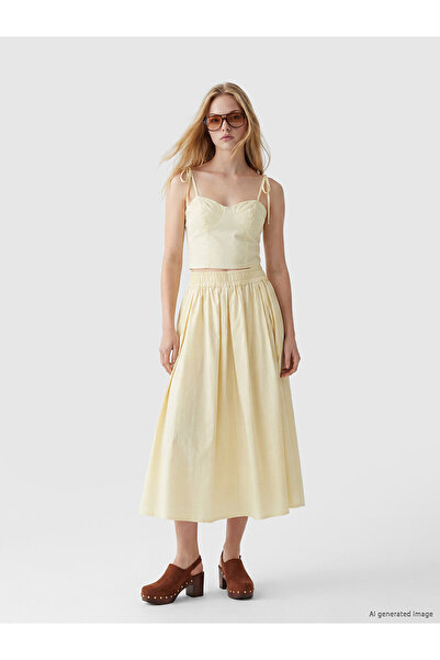 LC Waikiki Nevavm Poplin Pleated Skirt with Elastic Waist and Difference in C...