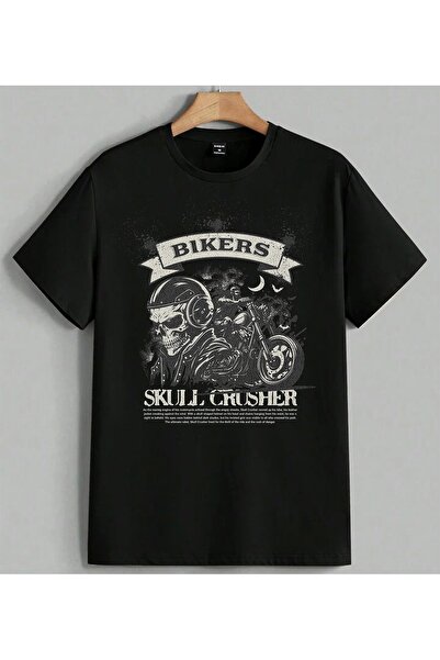 ELFERA Μπλουζάκι Bikers Skull Motorcycle με στάμπα Unisex Oversize Μαύρο