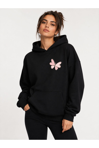 herkesemoda Butterfly Printed Hooded 2 Thread Threaded Sweatshirt