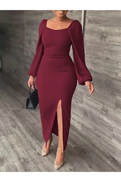 MODA ŞEHRİ فستان نسائي طويل الأكمام بياقة هندسية جانبية شق فستان طويل من قماش...