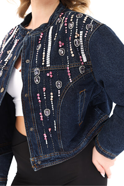 RENGARENG Women's Designer Denim Jacket with Colorful Stone and Chain Detail,...