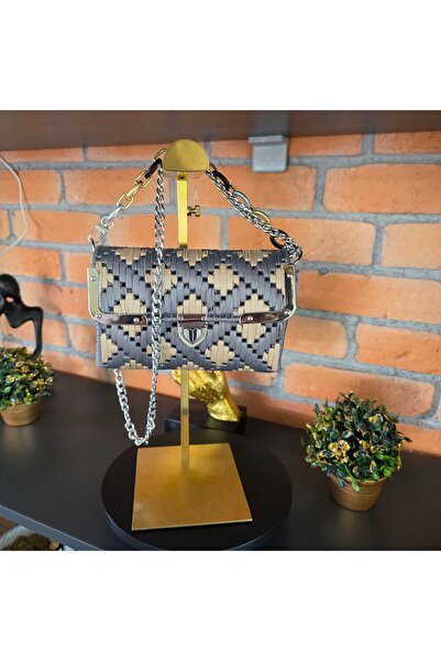 OEM Elegant Handmade Gray-Beige Bag with Metal Chain, Geometric Pattern, Cros...