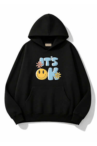 herkesemoda It's Ok Printed Hooded 2 Thread Raster Printed Sweatshirt