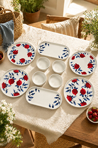 Papart Nar 10 Parça 4 Kişilik Stackable Seramik Kahvaltı Takımı Nar Desenli L...