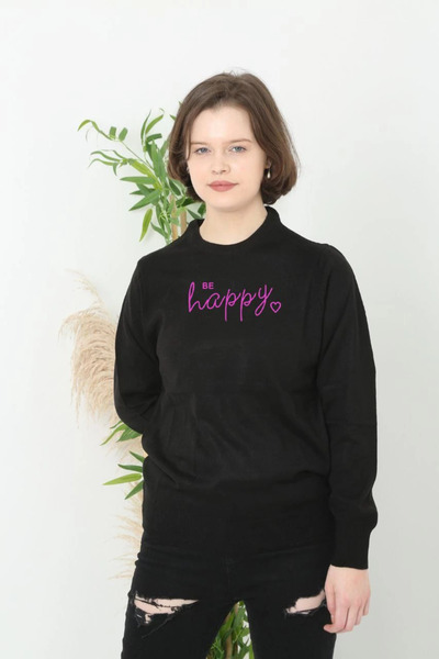 GurkStore Women's Crew Neck Sweater Printed Woven Knitwear - Black