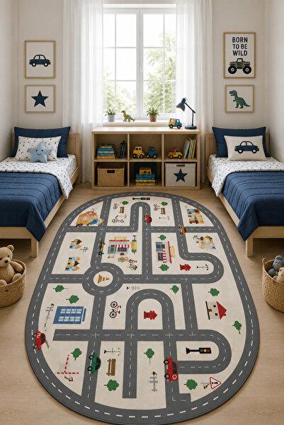 DECOVİST HOME Yıkanabilir, Kaymaz Tabanlı ve Leke Tutmaz Araba Yolu Desenli Ç...
