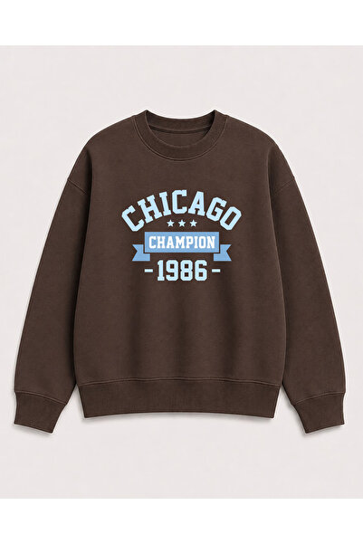 herkesemoda Chicago Print Detailed Crew Neck 2 Thread Sweatshirt