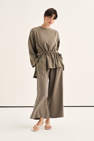EBU Prive Women's Modal Pleated Culotte Trousers Khaki