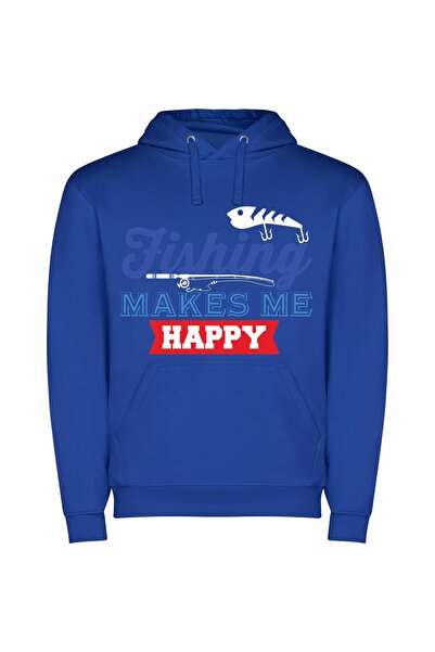 iLovePrints Fishing Bliss: Pure Happiness! Φούτερ με κουκούλα σε χρώμα Μπλε