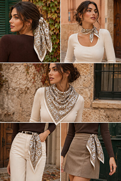 Luminos Butik وشاح نسائي من القطن بنقشة زهور عرقية من فرو المنك مقاس 70x70 FL...