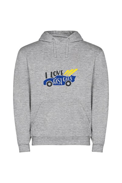 iLovePrints Speed Love: Blue Car Φούτερ με κουκούλα σε χρώμα Γκρι