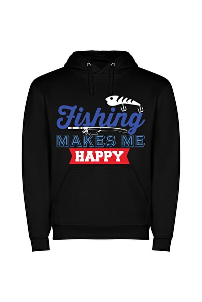 iLovePrints Fishing Bliss: Pure Happiness! Φούτερ με κουκούλα σε χρώμα Μαύρο