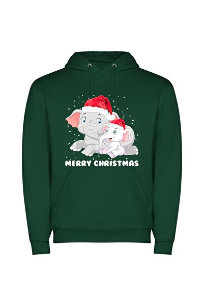iLovePrints Festive Elephant Extravaganza Φούτερ με κουκούλα σε χρώμα Πράσινο