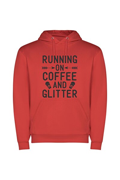 iLovePrints Caffeinated Glitter Glam Φούτερ με κουκούλα σε χρώμα Κόκκινο