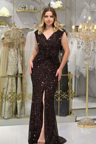 Yonca Moda Evi Kahverengi Pulpayet Abiye 40286