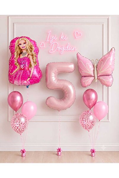 ALYA PARTİ Barbie & kelebek ve 5 yaş folyo balonlu doğum günü seti