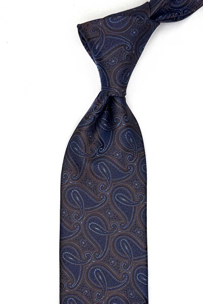 Kravatkolik Coffee - Classic Tie with Blue Shawl Pattern Handkerchief Kk13666