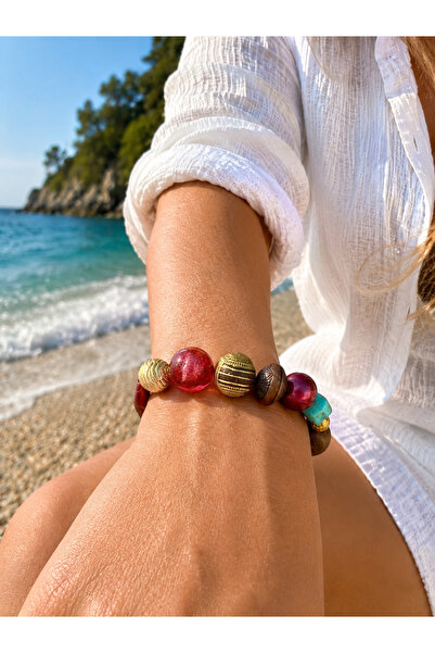 COCOSH TAKI Burgundy Brown Turquoise Gold Beaded Flexible Design Bracelet