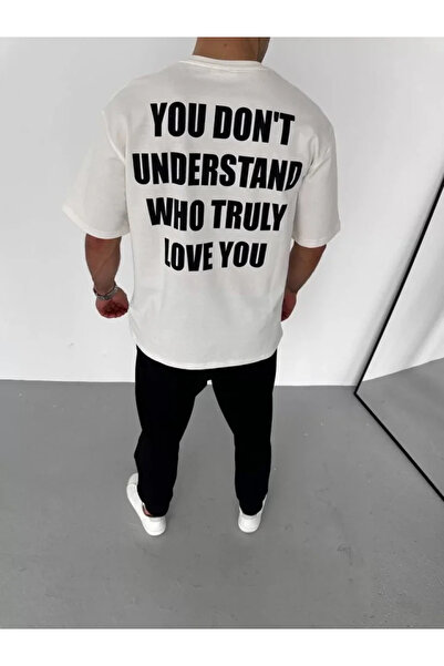 Wear Up Unisex T-Shirt Oversize με Μπισκότο Λαιμόκοψη και Μοτίβο - Λευκό