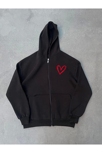 oniks store Three Thread Printed Zippered Hooded Cardigan - Black